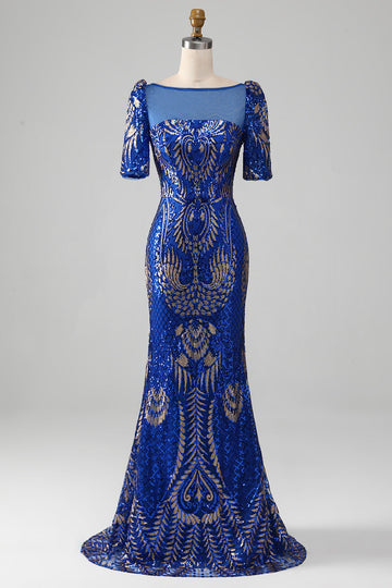 Sirène Robe de Soirée scintillante bleu royal à manches courtes